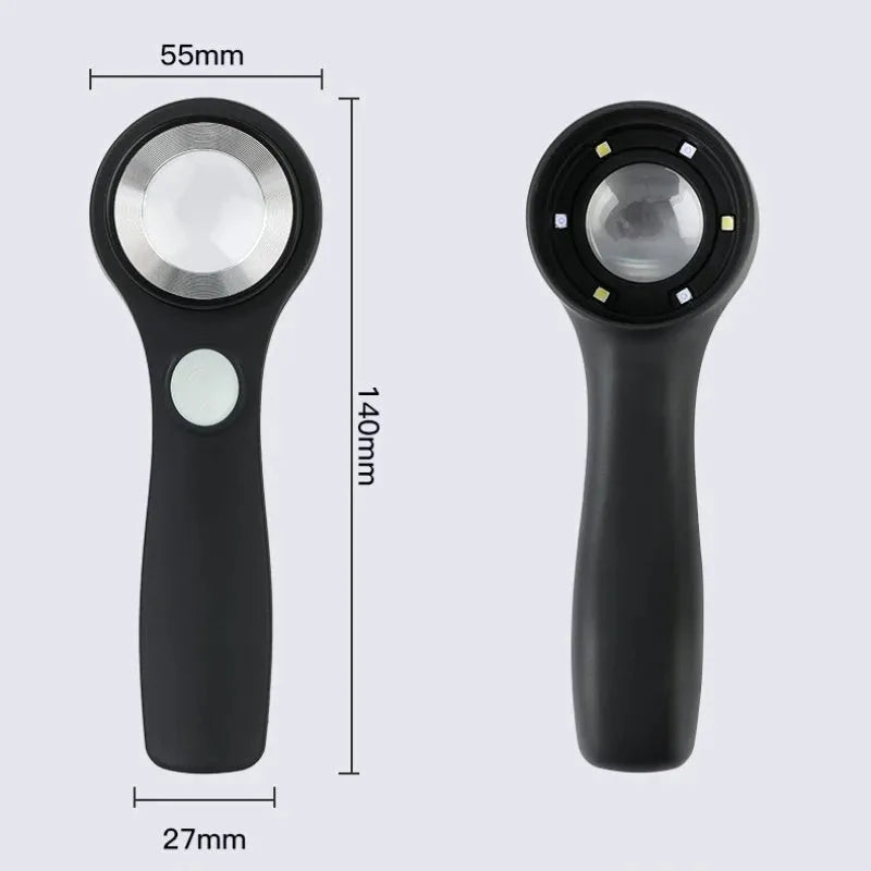 Black aluminium magnifying glass with optical lens and USB-C cable for jewellery appraisal