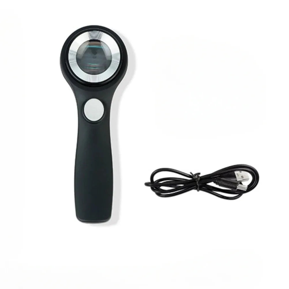 Black aluminium magnifying glass with optical lens and USB-C cable for jewellery appraisal