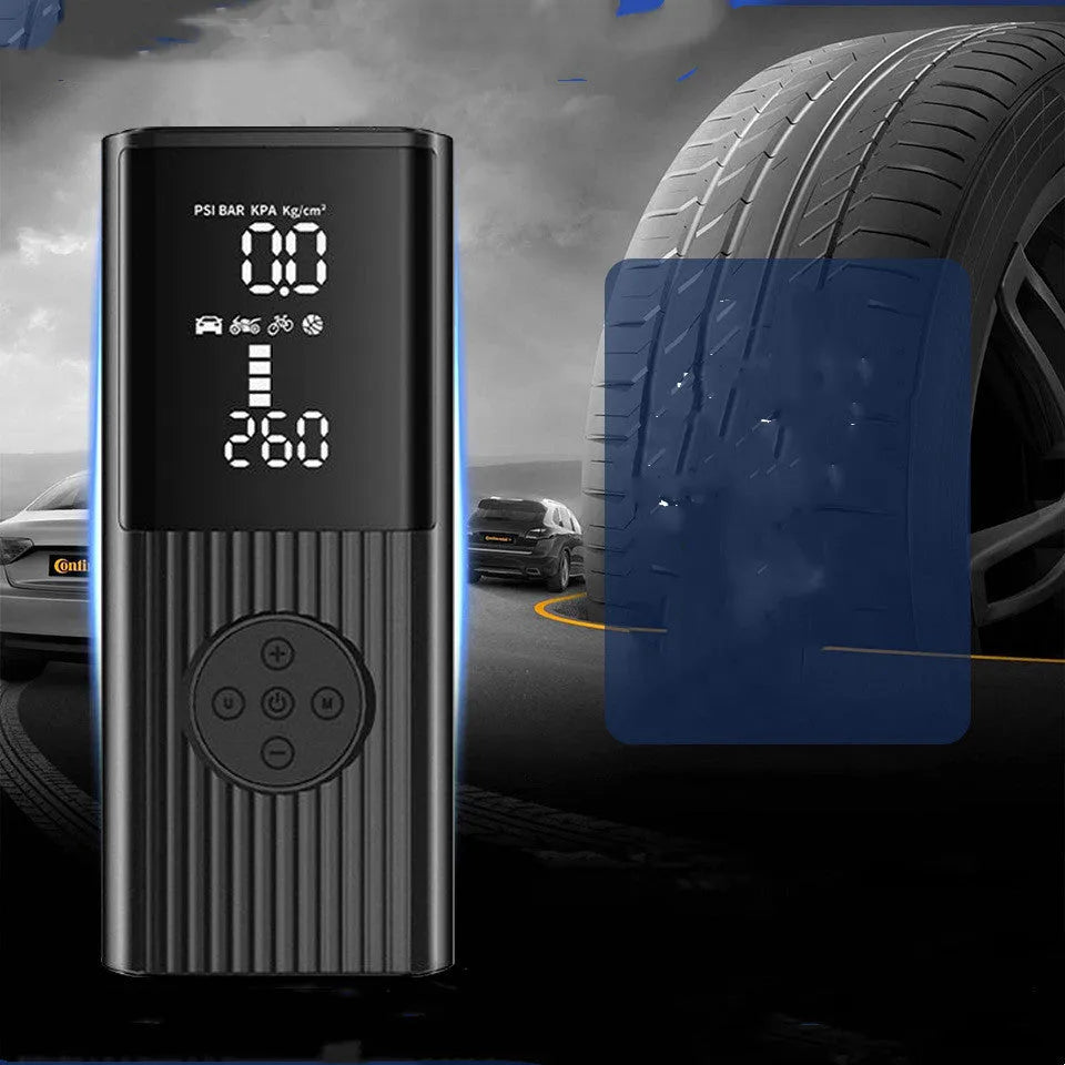 Wireless car tyre inflator with digital display, air hose, and four nozzle attachments on black background