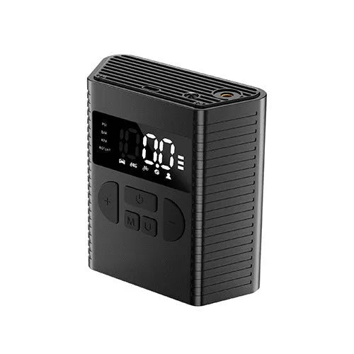 Wireless car tyre inflator with digital display, air hose, and four nozzle attachments on black background