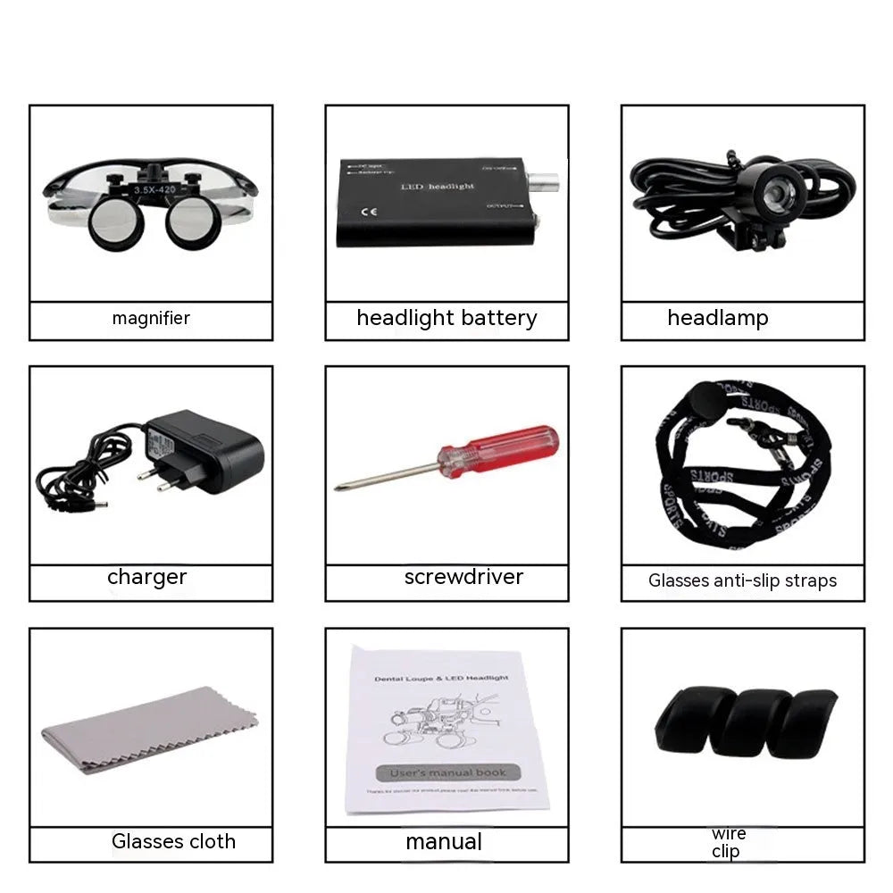 Black head-mounted dental magnifying glass with LED light and adjustable working distance