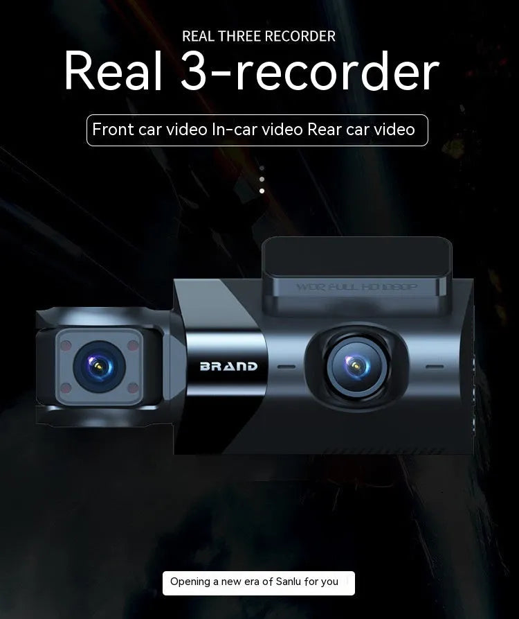 Black car dash camera with 5 inch screen showing road recording display