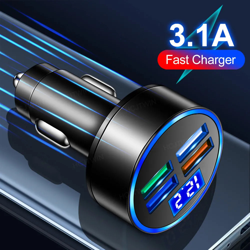 Black multi-port car charger with four USB ports for vehicle cigarette lighter socket