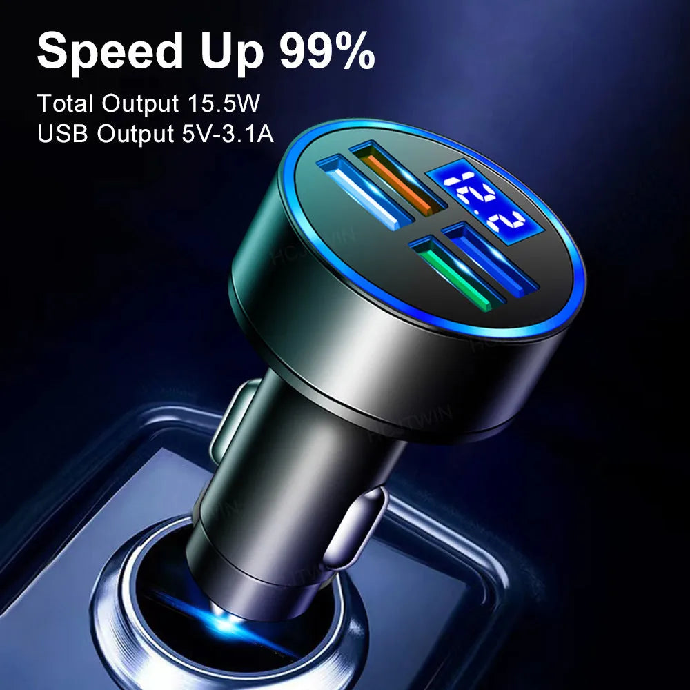 Black multi-port car charger with four USB ports for vehicle cigarette lighter socket