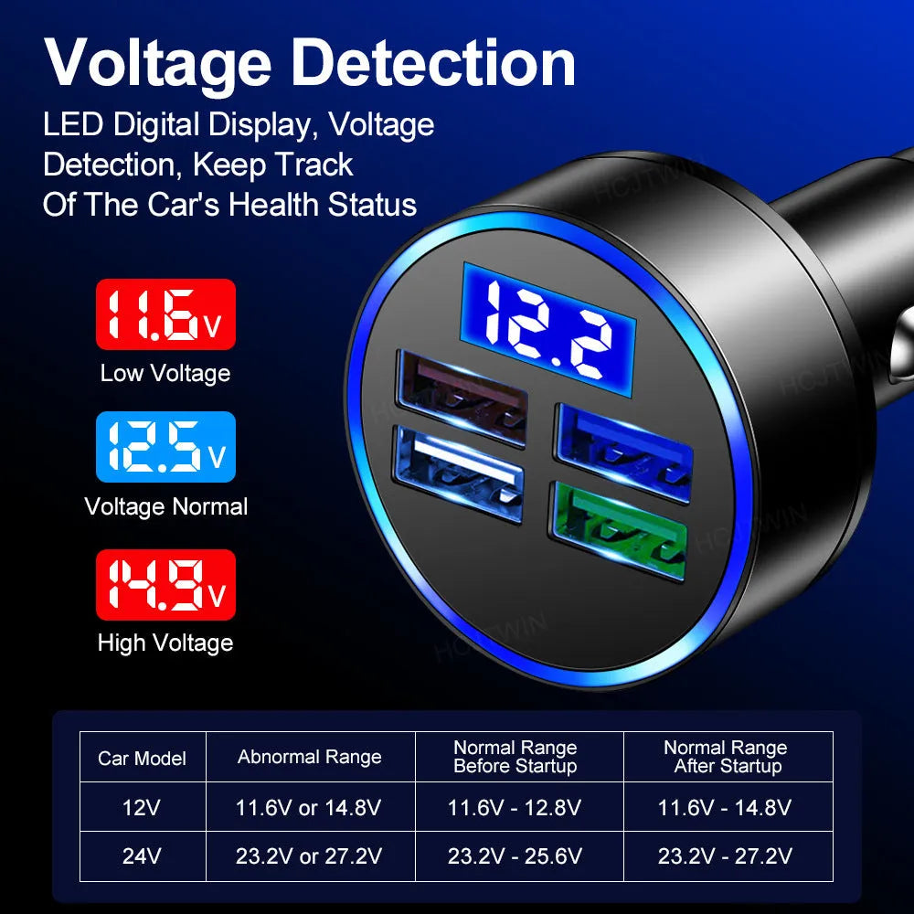 Black multi-port car charger with four USB ports for vehicle cigarette lighter socket