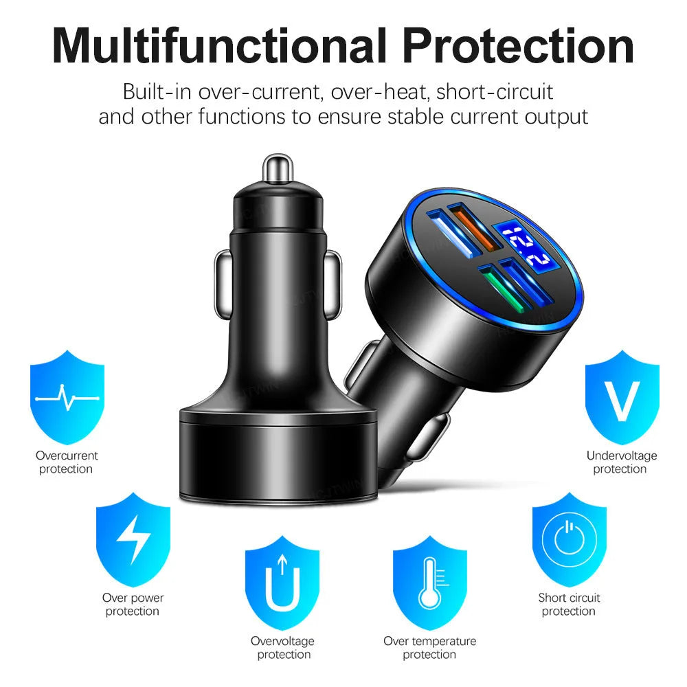 Black multi-port car charger with four USB ports for vehicle cigarette lighter socket