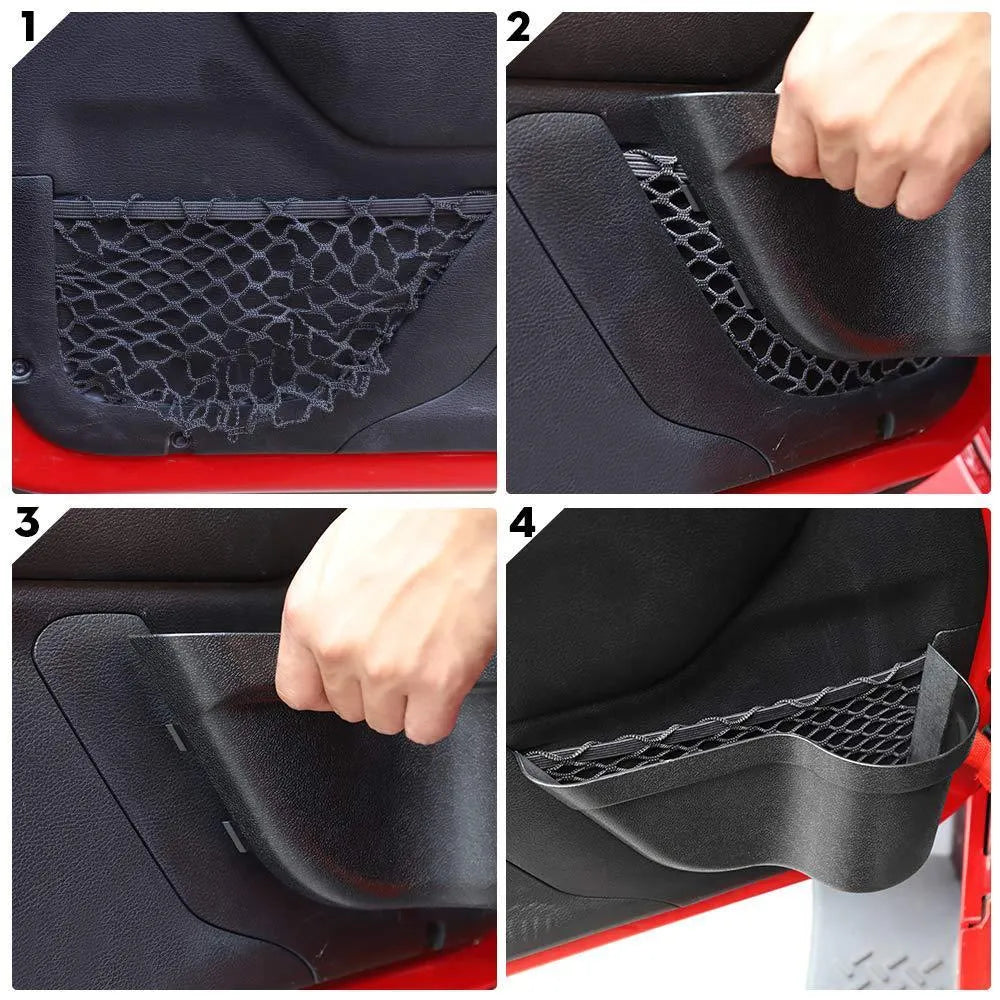 Black aluminium car interior net pocket storage box pair for vehicle organisation