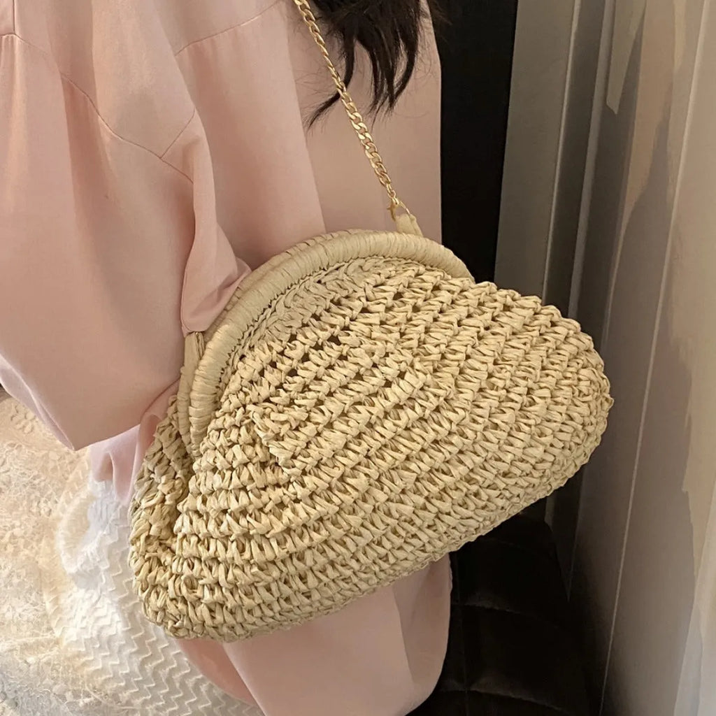 Women's straw shoulder bag with chain strap in khaki colour