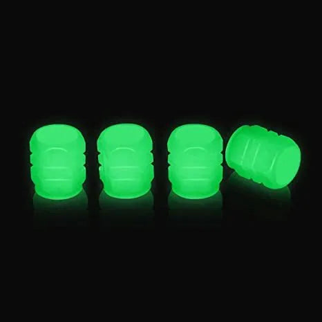 Pack of luminous LED tyre valve caps in blue light colour on a rubber stem.