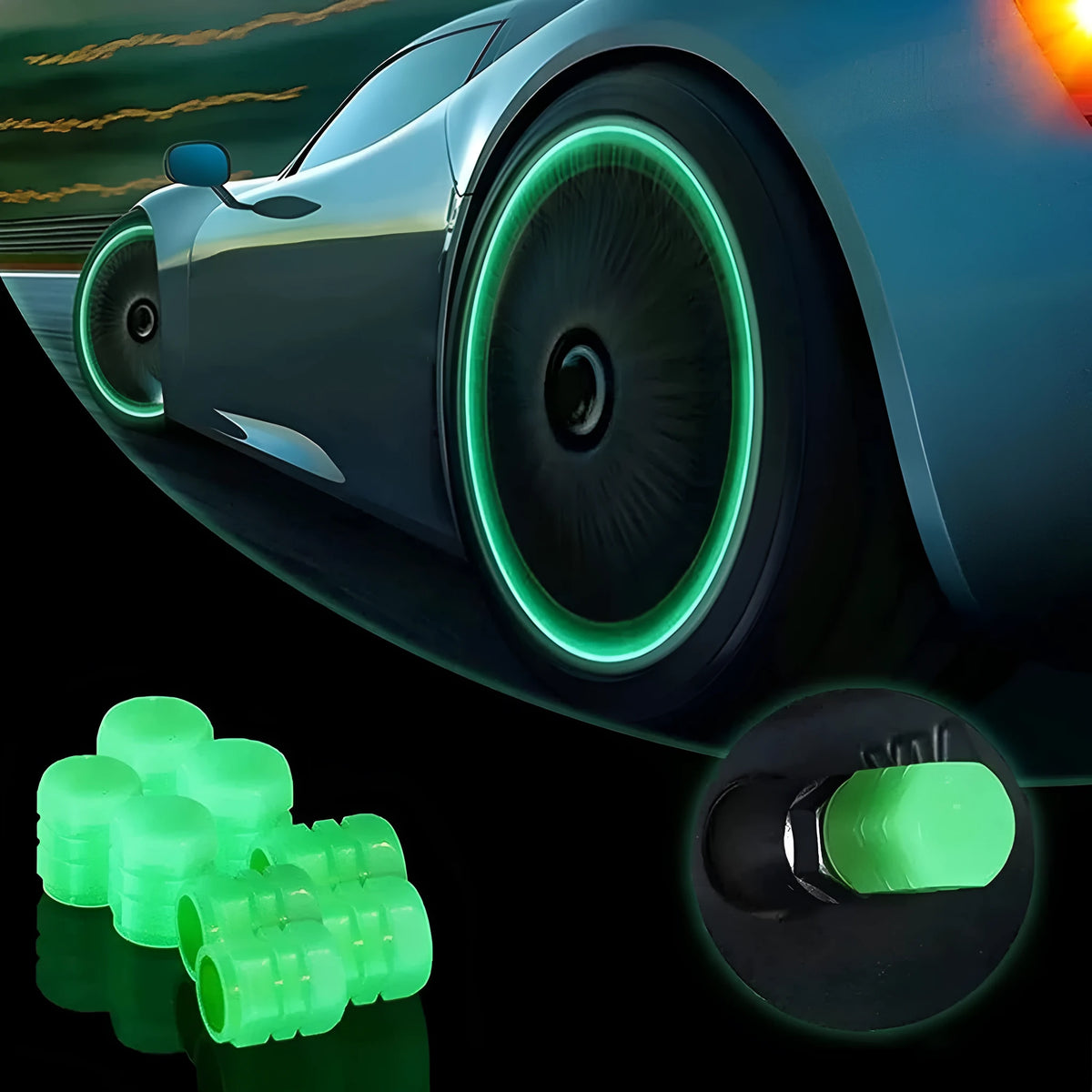Pack of luminous LED tyre valve caps in blue light colour on a rubber stem.