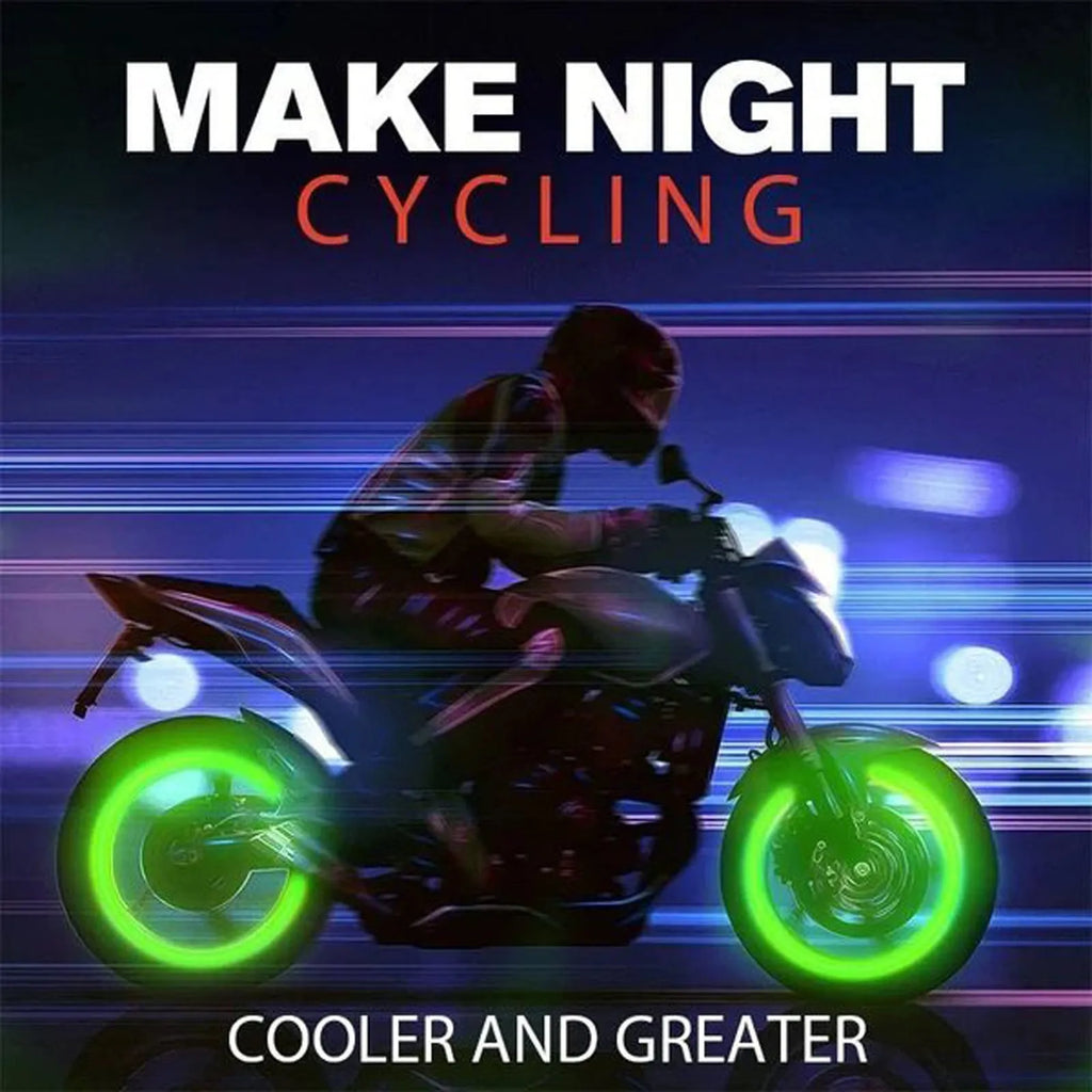 Pack of luminous LED tyre valve caps in blue light colour on a rubber stem.
