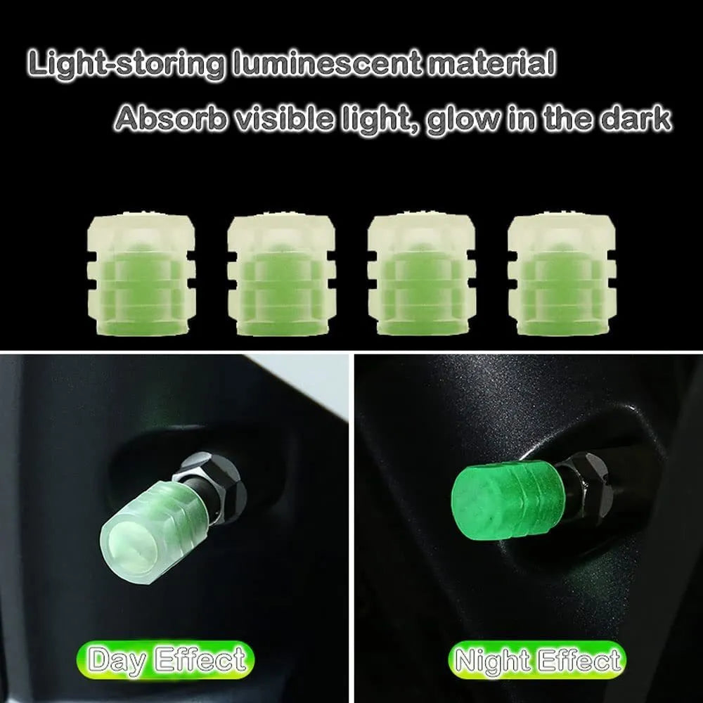 Pack of luminous LED tyre valve caps in blue light colour on a rubber stem.