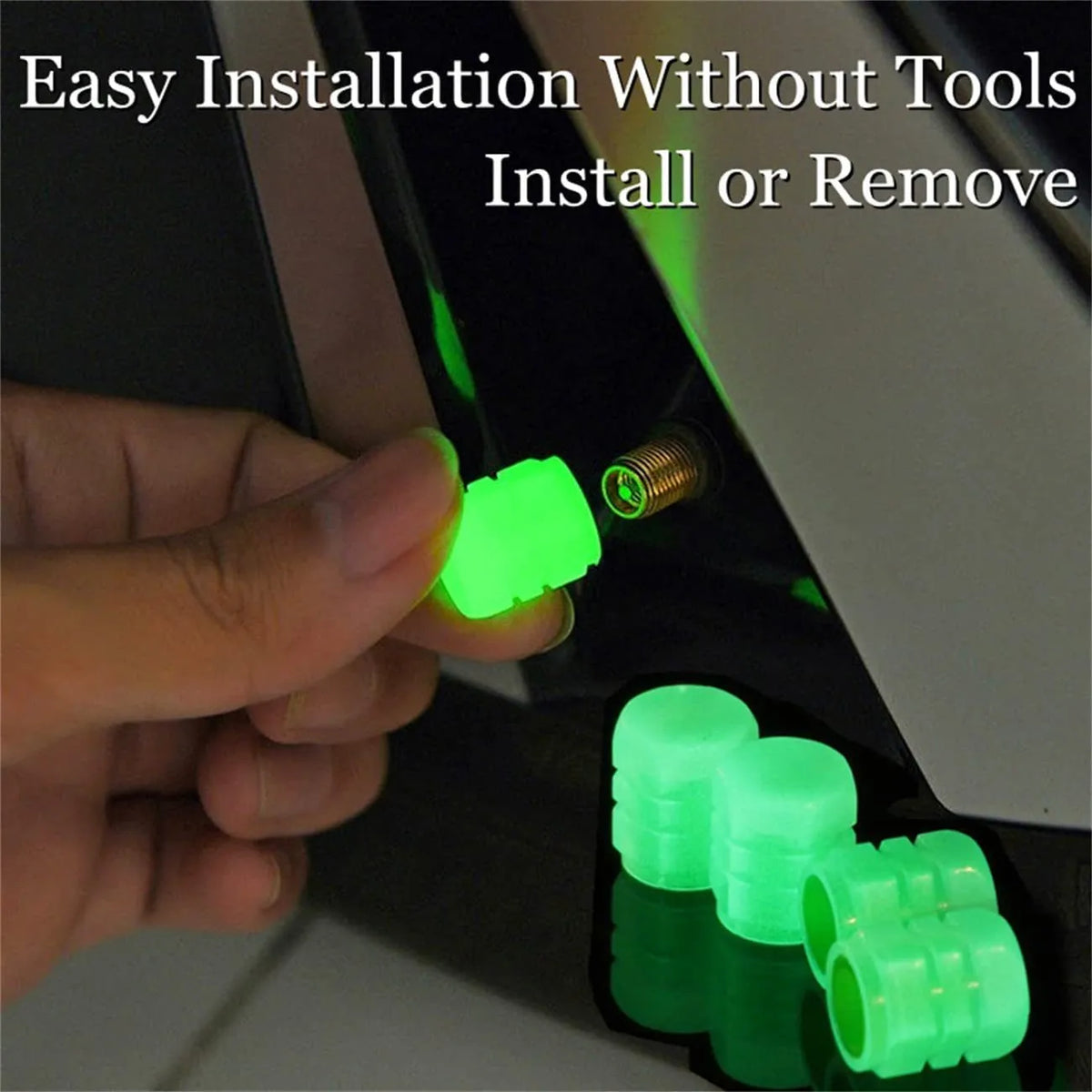 Pack of luminous LED tyre valve caps in blue light colour on a rubber stem.