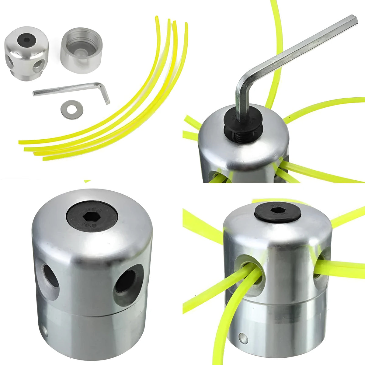 Silver aluminium lawn mower grass head replacement kit with four light yellow square strings and wrench