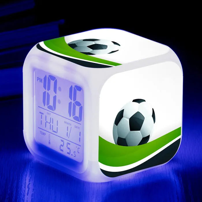 Square football pattern children's alarm clock with cartoon design and mute functionality