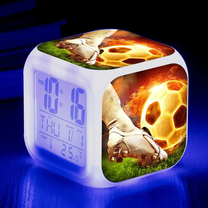 Square football pattern children's alarm clock with cartoon design and mute functionality