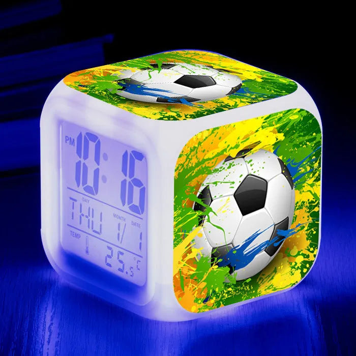 Square football pattern children's alarm clock with cartoon design and mute functionality