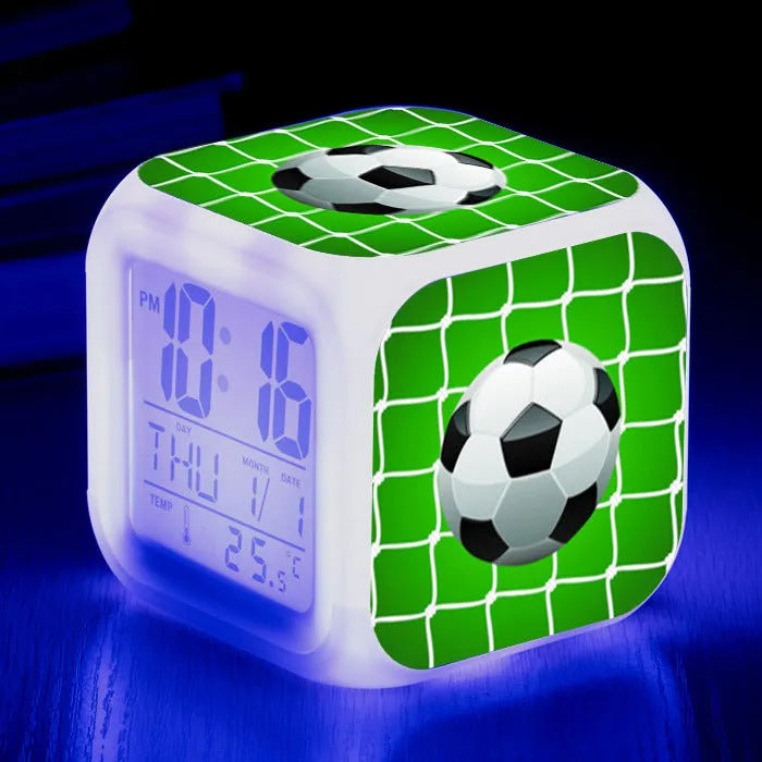 Square football pattern children's alarm clock with cartoon design and mute functionality