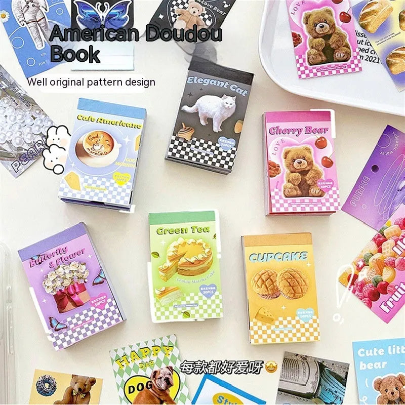 American retro cartoon sticker book showing 50 decorative adhesive sheets in six colour themes including ElegantCat Black and CafeAmericano Blue