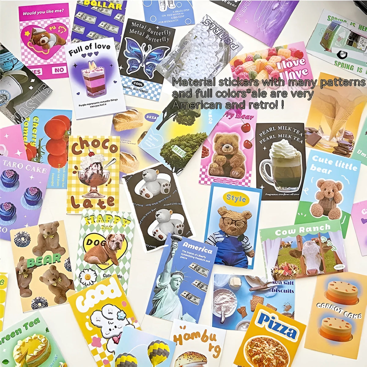 American retro cartoon sticker book showing 50 decorative adhesive sheets in six colour themes including ElegantCat Black and CafeAmericano Blue
