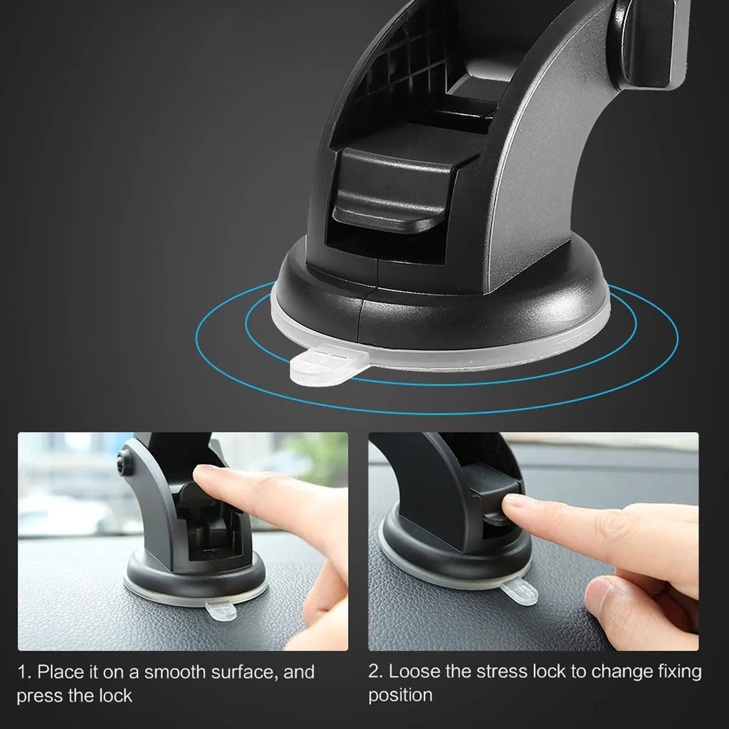 Yellow car phone holder with telescopic arm and suction cup mounted on dashboard showing 360-degree rotation