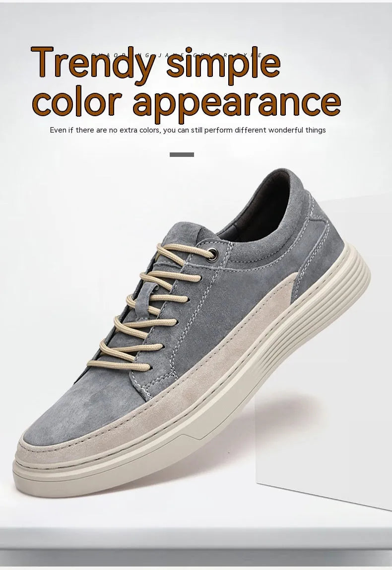 Men's grey pigskin leather casual skate shoes with a flat rubber sole and lace-up front.