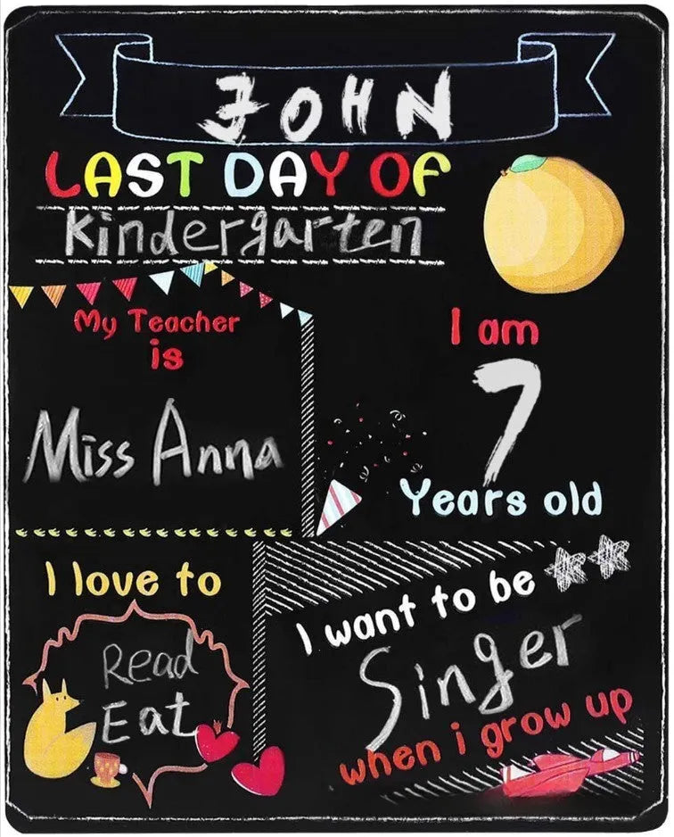 Wooden blackboard with first day of school design on density plate measuring 25.5 by 30 centimetres