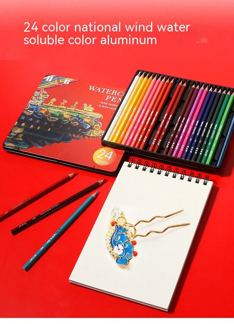 Water-soluble coloured pencils set with 24 wooden barrel colours in iron storage box HB-WPTB024