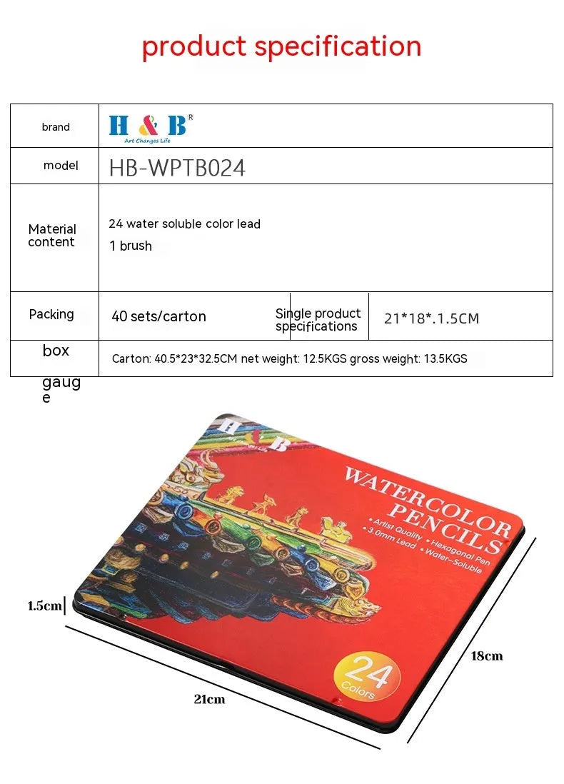 Water-soluble coloured pencils set with 24 wooden barrel colours in iron storage box HB-WPTB024