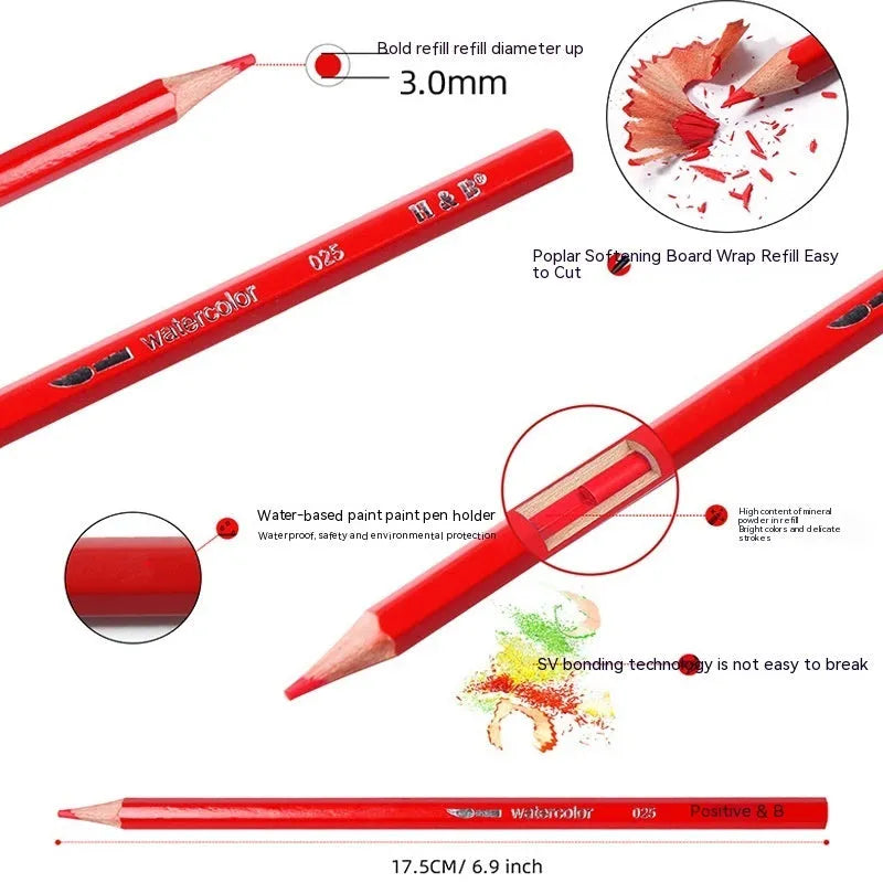 Water-soluble coloured pencils set with 24 wooden barrel colours in iron storage box HB-WPTB024