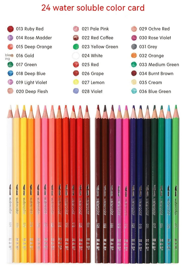 Water-soluble coloured pencils set with 24 wooden barrel colours in iron storage box HB-WPTB024
