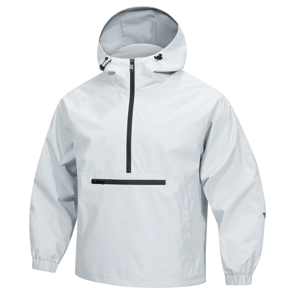 Men's light gray Korean-style loose half-zip hooded corduroy jacket on a hanger.