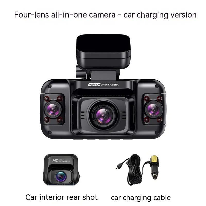 Plastic multi-lens car dash cam with a 2-inch screen on a car dashboard.