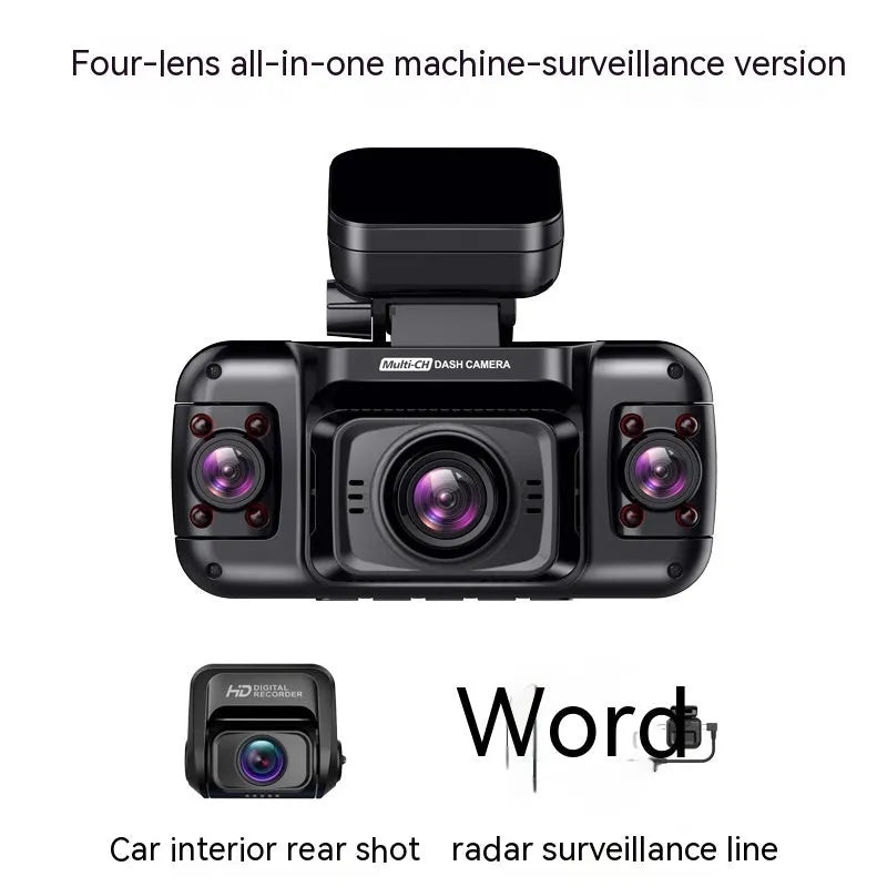 Plastic multi-lens car dash cam with a 2-inch screen on a car dashboard.
