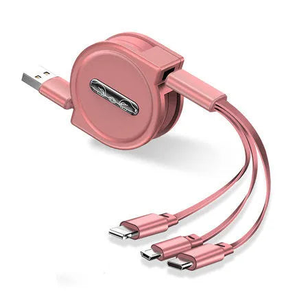 Black telescopic charging cable with three connector types extended to 120cm length
