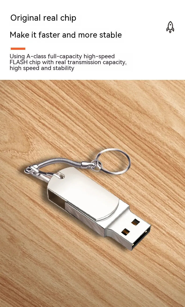 White metal USB flash drive with rotating shell showing compact 34mm size