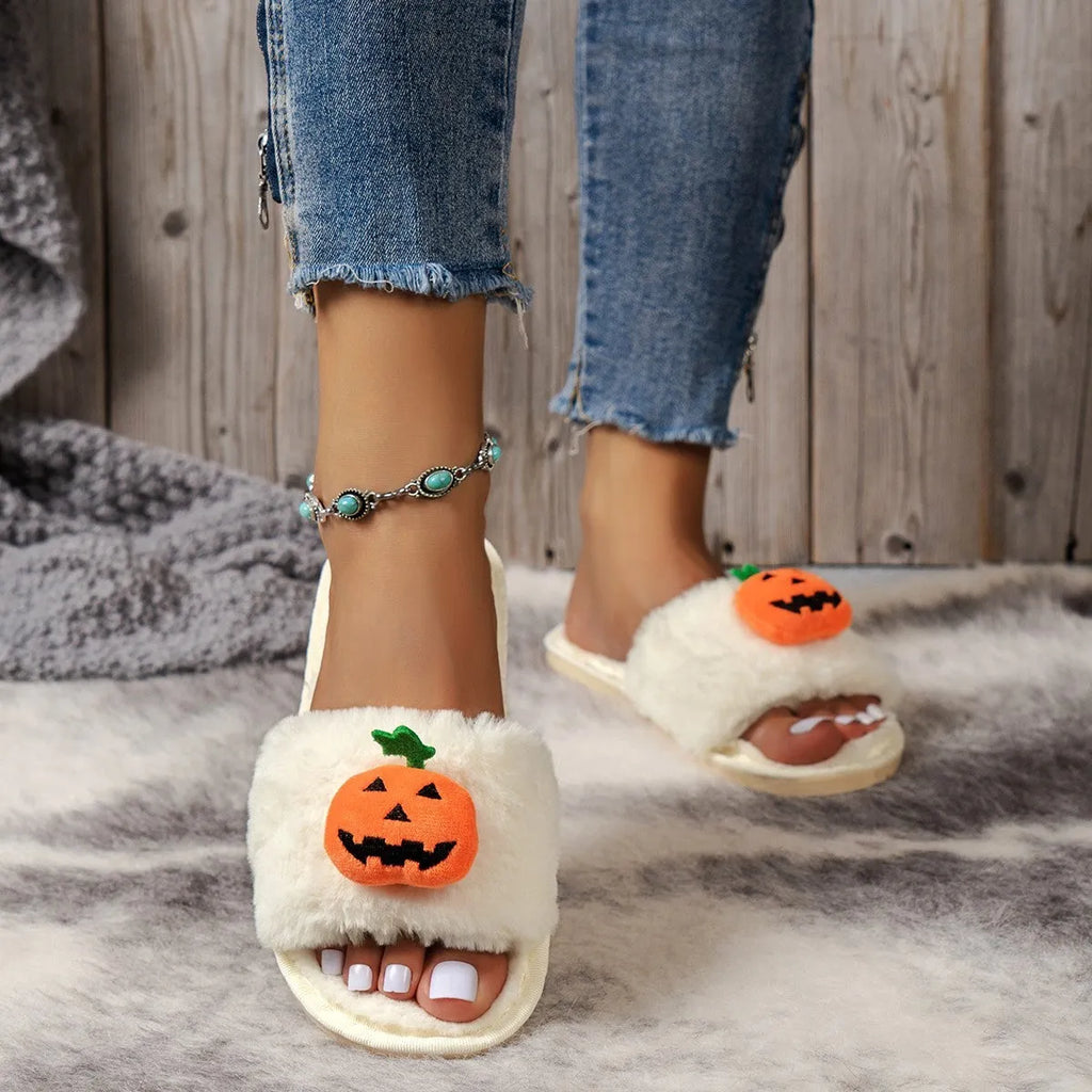 Halloween pumpkin cartoon plush open toe slippers in white and yellow colours with synthetic fur upper