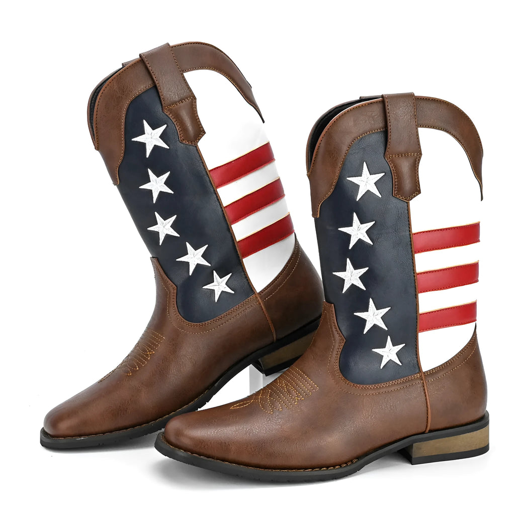 Men's black artificial leather cowboy boots with floral detail, square low heel, and mid-calf shaft.