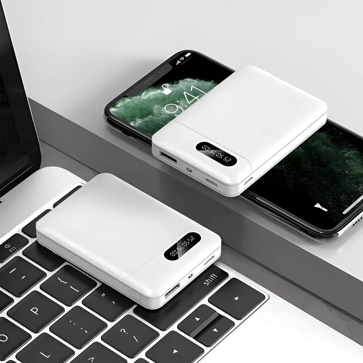 Black and white portable power bank with 10000mAh capacity and USB charging ports