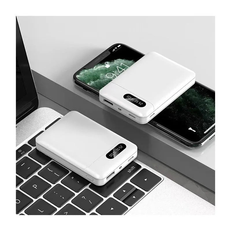 Black and white portable power bank with 10000mAh capacity and USB charging ports