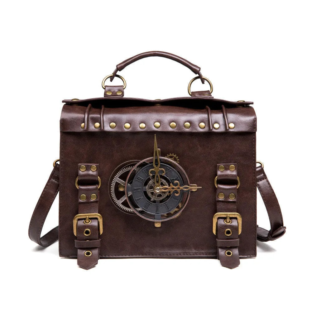 Bronze steampunk industrial retro shoulder bag with metal accents and pillow bag design