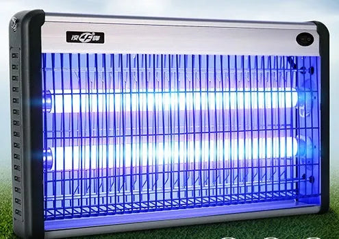 Indoor electric mosquito killing lamp with UV light tube and metal grid for flies.