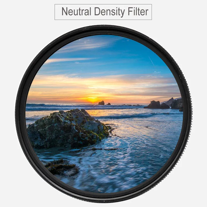ND8 neutral density camera filter with silver aviation aluminium frame for lens attachment.