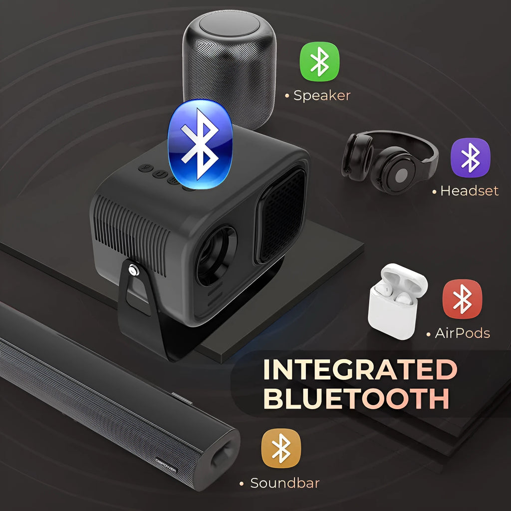 Black portable HD projector with remote control and multiple international power plugs