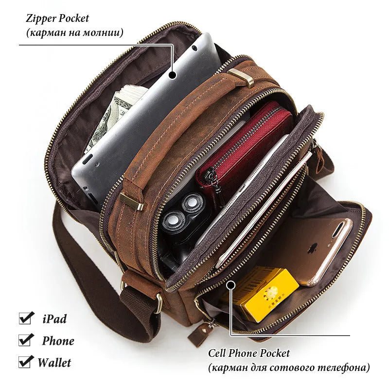 Men's brown Crazy Horse leather single-shoulder crossbody bag with retro styling and sewing line details