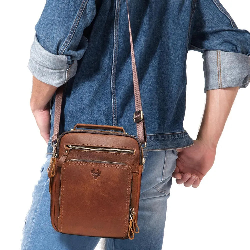 Men's brown Crazy Horse leather single-shoulder crossbody bag with retro styling and sewing line details