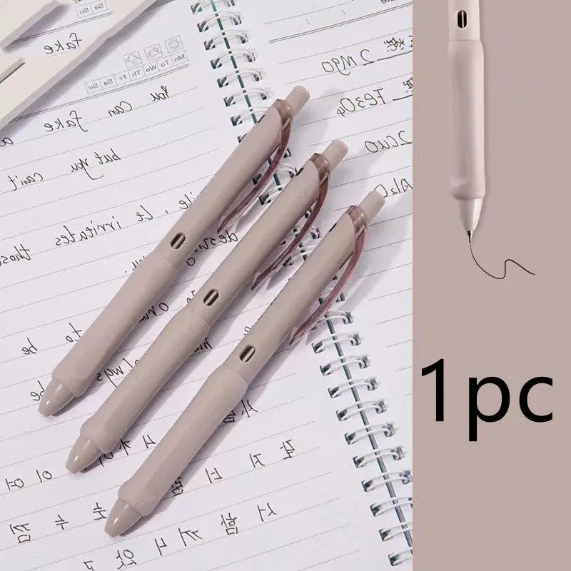 Macaron colour press gel pen with 0.5mm tip shown in smoked brown, smoked powder and smoked white refill options
