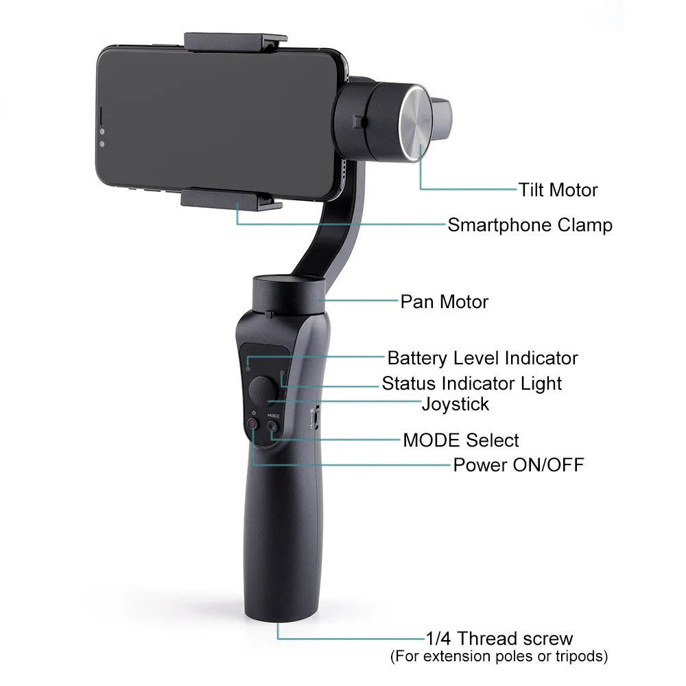 Black 3-axis handheld smartphone gimbal stabilizer on a table