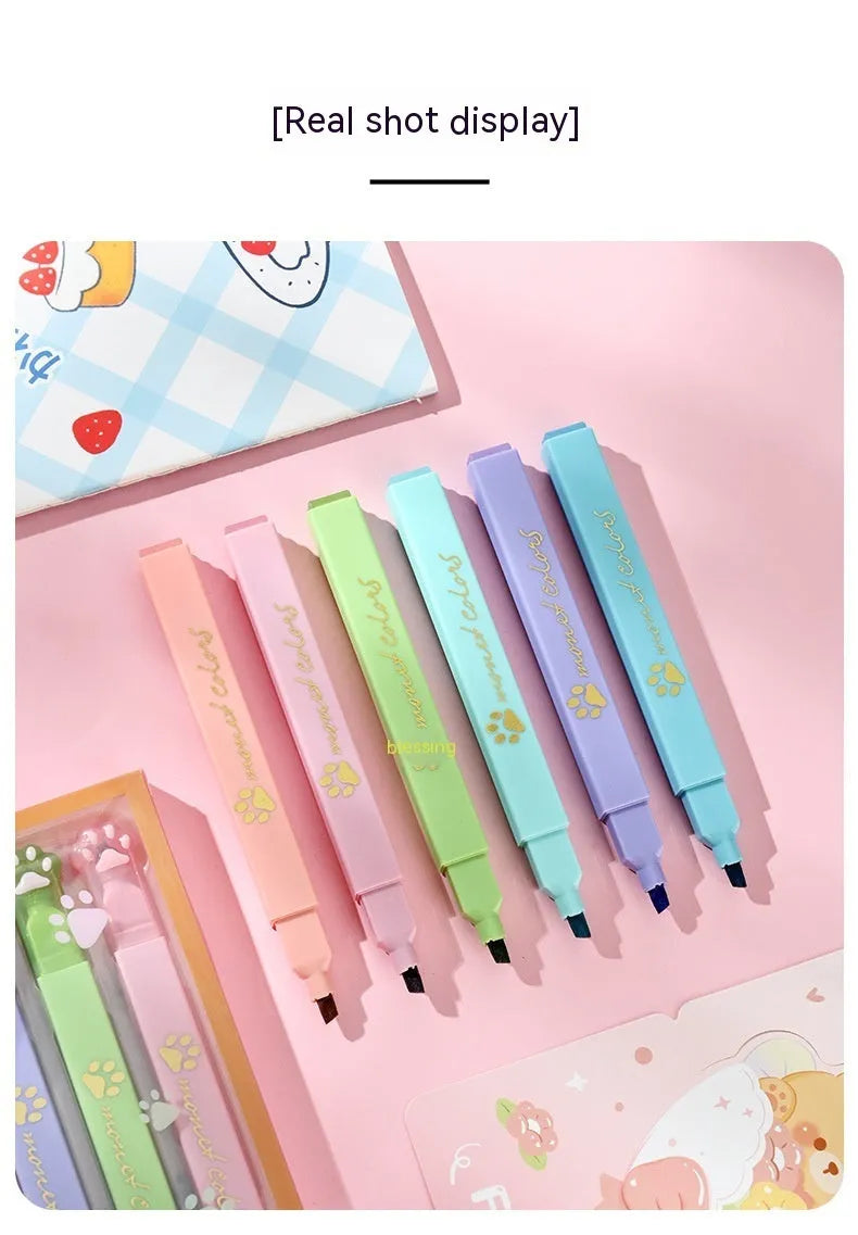 Cat's Paw brand box containing six fluorescent marking pens with oblique nibs in various colours.