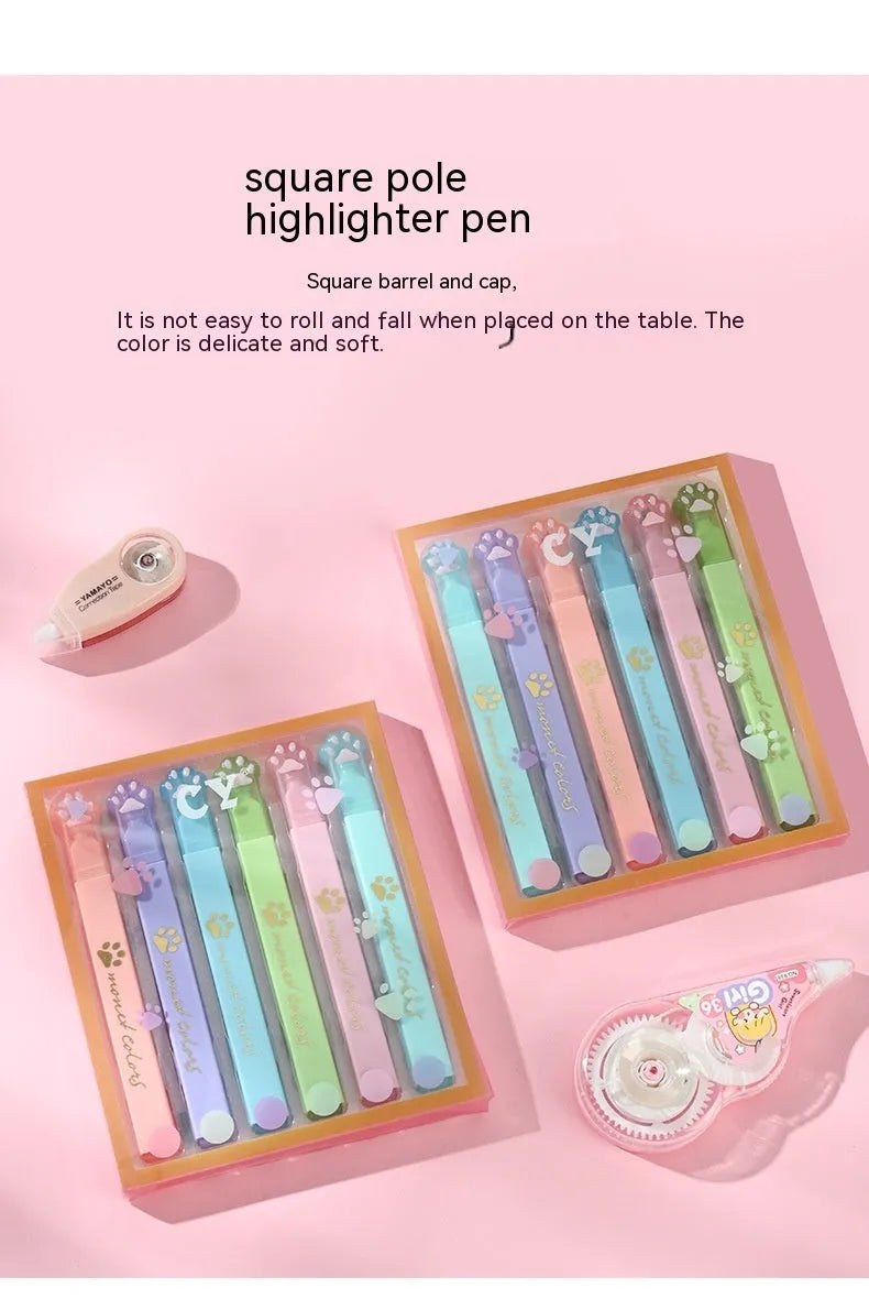 Cat's Paw brand box containing six fluorescent marking pens with oblique nibs in various colours.